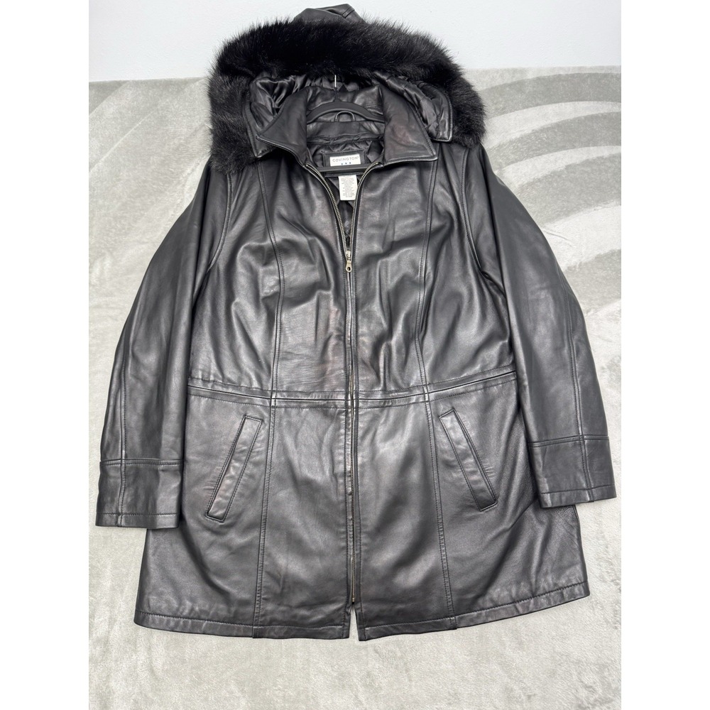 Vintage Covington Black Leather Jacket Womens 1X 16-18 Fur Hooded Parka Moto Y2K